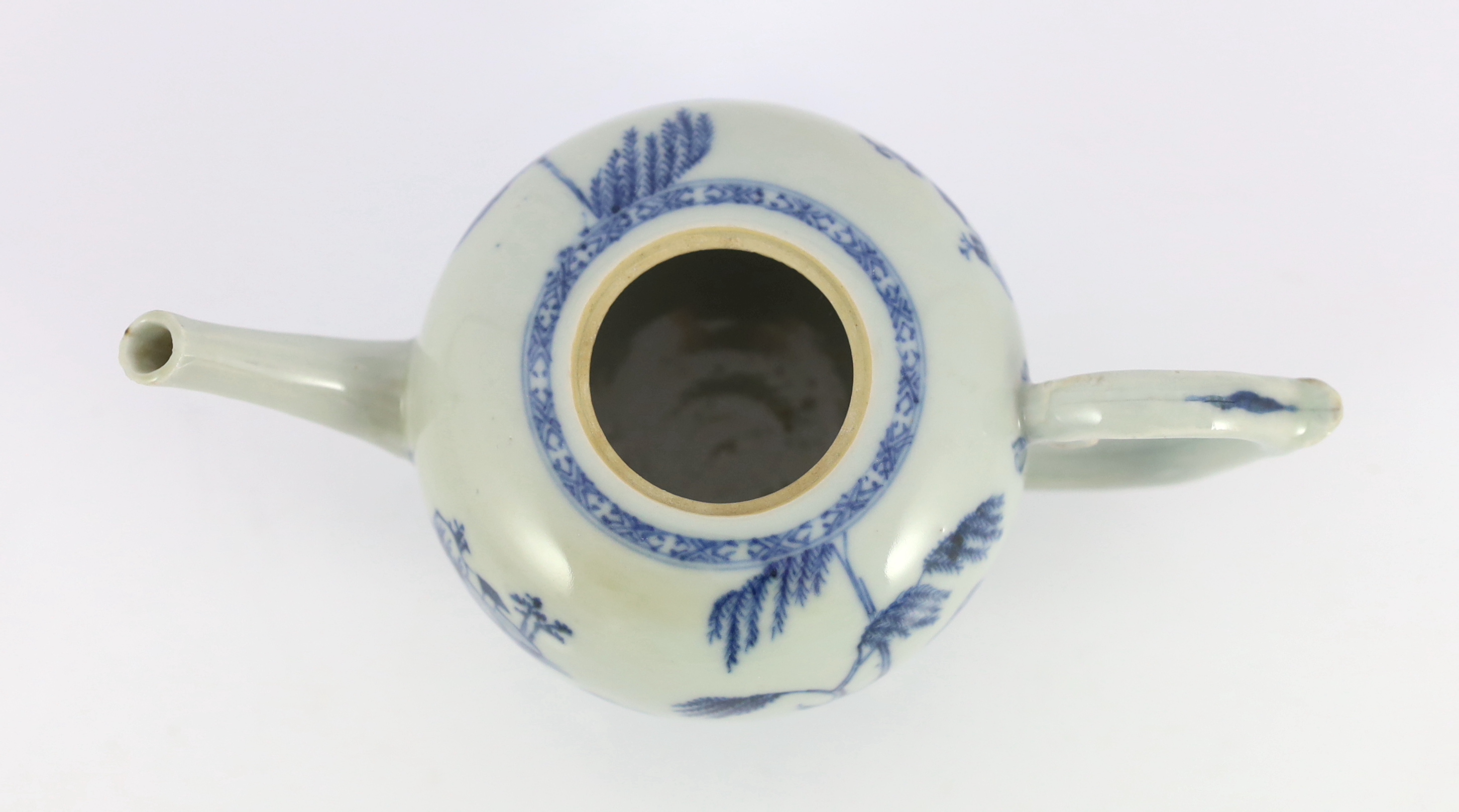 A Chinese blue and white bullet-shaped teapot and cover, Nanking Cargo, c.1750